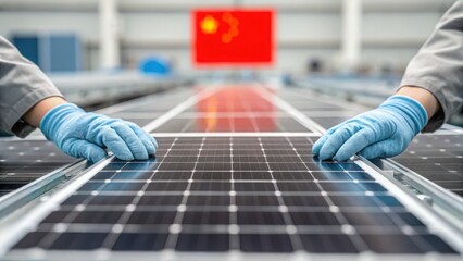 US tariffs on solar panels on China Workers assembling solar panels in a factory setting for US tariffs on China concept.