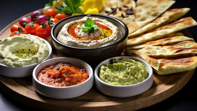 Enjoying a Middle Eastern mezze platter featuring hummus, baba ghanoush, and fresh vegetables served with warm pita bread on a rustic wooden board