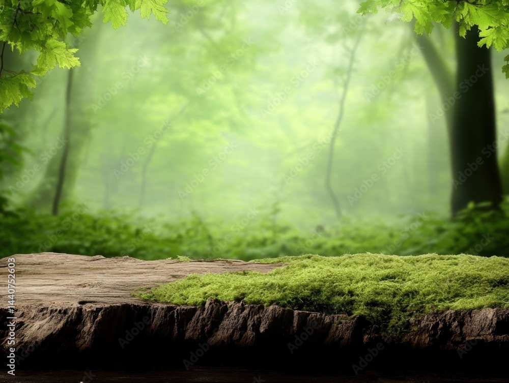 Poster enchanting woodland scene featuring a mossy log platform amidst a lush green forest backdrop creatin