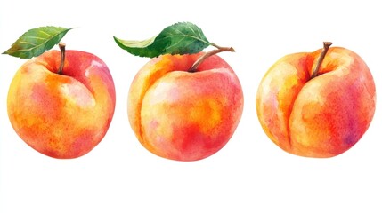 Three vibrant, hand-painted plums with leaves against a pure white background.