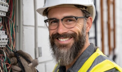 Smiling electrician working on electrical box outdoors.  Possible use for articles about careers, construction, and trades
