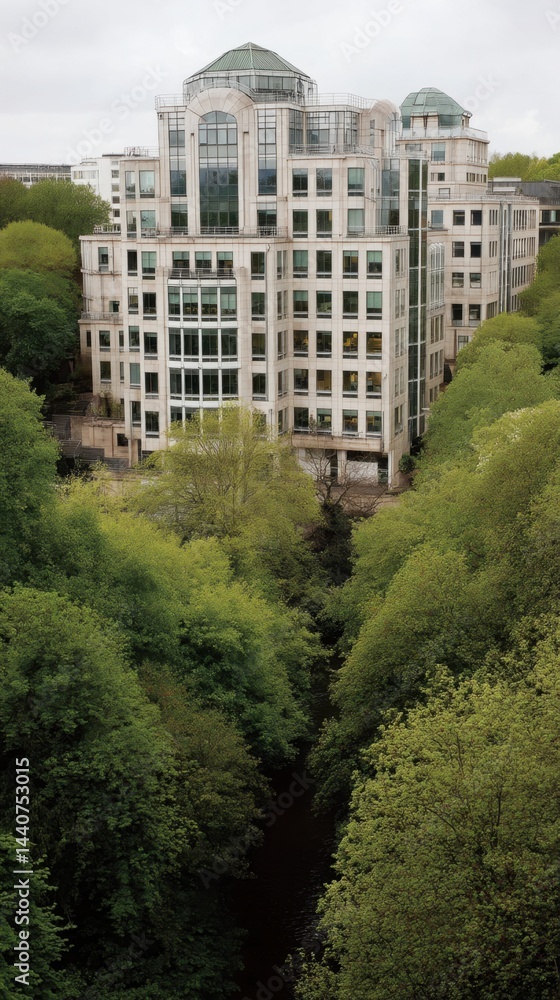 Poster modern architecture blends with nature in a city landscape featuring a building surrounded by lush g