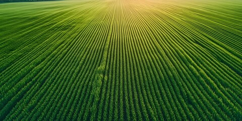 Obraz premium Green Field at Sunset: Aerial view of a vast, vibrant green field stretching to the horizon, bathed in the golden light of the setting sun. The parallel rows of crops create a mesmerizing pattern. 