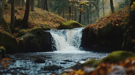 Autumnal woodland stream cascading over mossy rocks.