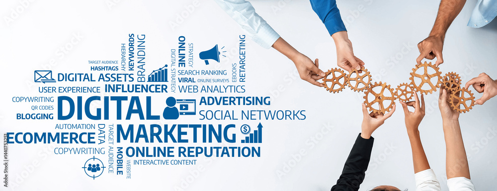 Poster a visually engaging representation of collaborative efforts in digital marketing, emphasizing strate