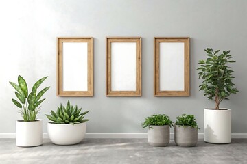 Three Light Wood Frames on Gray Wall with Potted Green Plants in Interior Setting