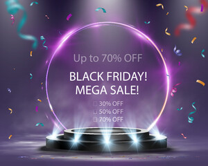 Black friday background with glowing spotlight, podium stage, neon light effect, purple smoke, luxury sale template.
