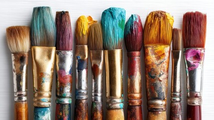a collection of artist is paintbrushes and paints in vibrant colors on a white isolated background, creative and artistic design