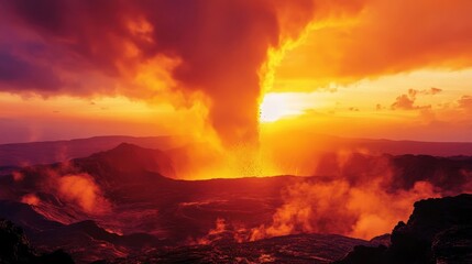 Fototapeta premium Stunning volcanic eruption at sunset with vibrant orange and purple hues filling the sky and smoke billowing into the atmosphere.