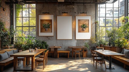 Fototapeta premium Serene Restaurant Interior Design: Sunlight Streaming Through Large Windows, Illuminating Wooden Tables and Lush Greenery