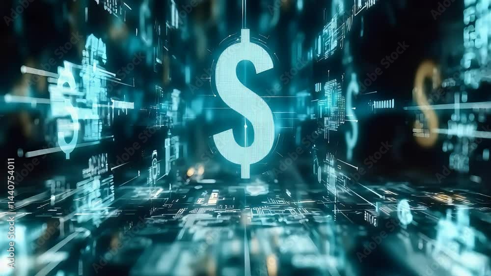 Aufkleber digital currency and blockchain network with dollar sign and data flow in virtual space