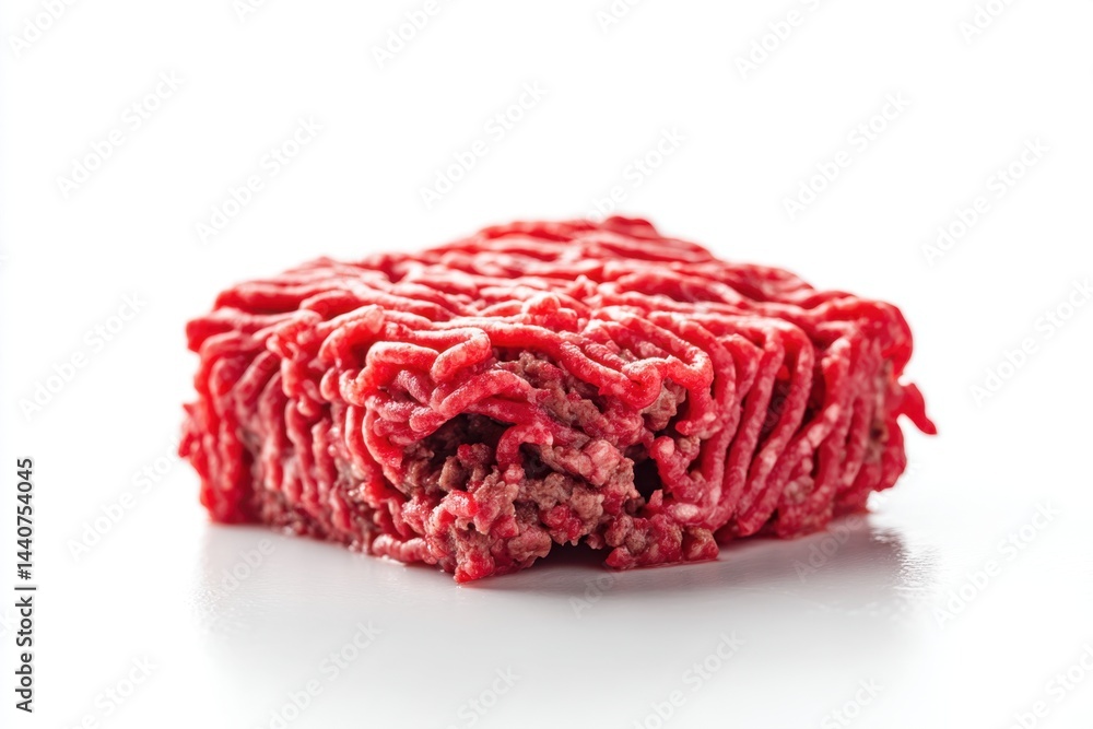 Poster fresh ground beef block on white surface showcasing texture and color for culinary use