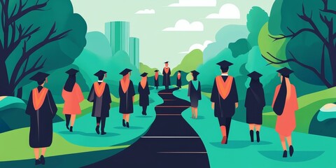 Obraz premium Diverse young adults in graduation attire walking on scenic pathway