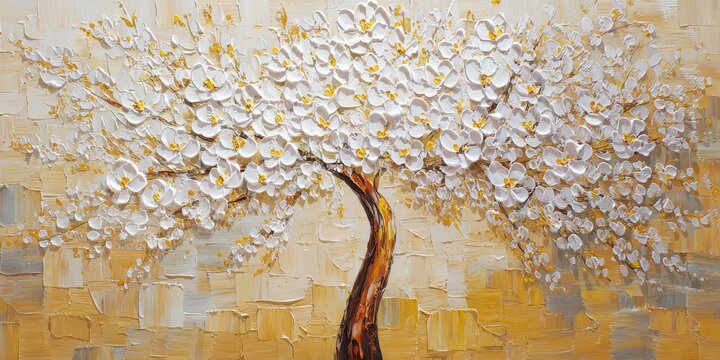 Blossoming white cherry tree on textured golden background