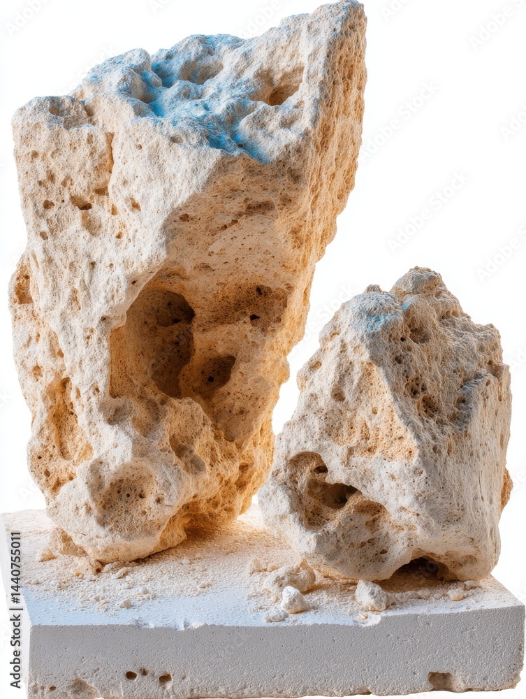 Aufkleber two porous stones on a square block against a white background showcasing natural textures and geolo