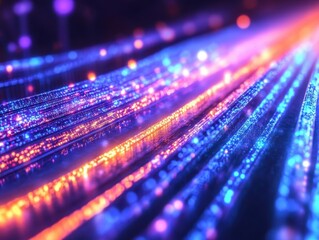 Abstract data stream of glowing fiber optic cables transmitting information in cyberspace with blue and orange light trails creating a futuristic digital network