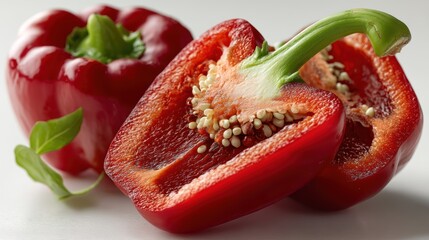 a vibrant red bell pepper sliced in half with seeds visible on a white isolated background, fresh and healthy design