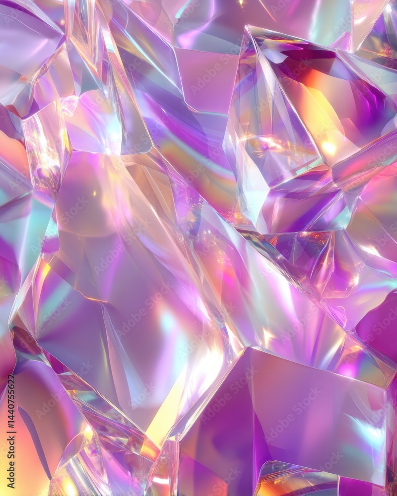 Poster abstract iridescent crystal structure with vibrant purple and yellow hues creating a modern and colo