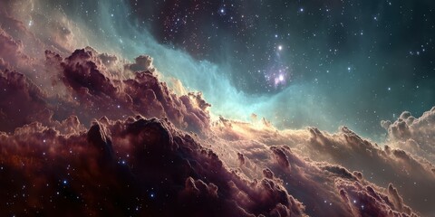 Naklejka premium Nebula clouds illuminated by starlight in a vibrant cosmic landscape at the edge of space