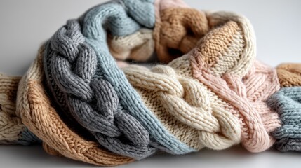 a cozy knitted scarf in soft pastel colors on a white isolated background, warm and comforting design