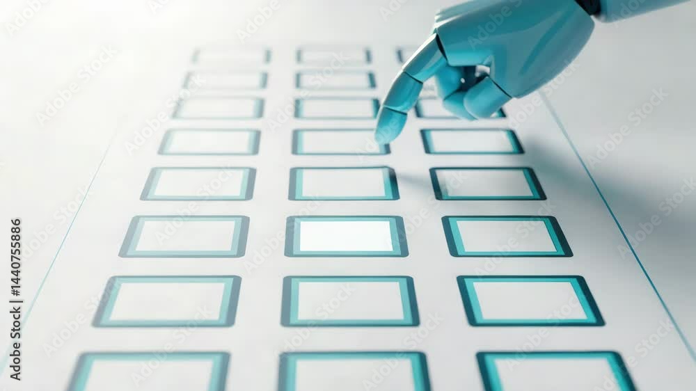 Poster a futuristic robotic hand interacts with a digital interface, pressing a button on a sleek, illumina