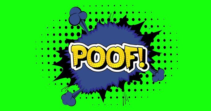 Comic book, pop art splash bubble Poof text. Comics motion graphics.