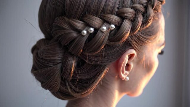 Elegant updo transformation with braided hair and decorative pearls