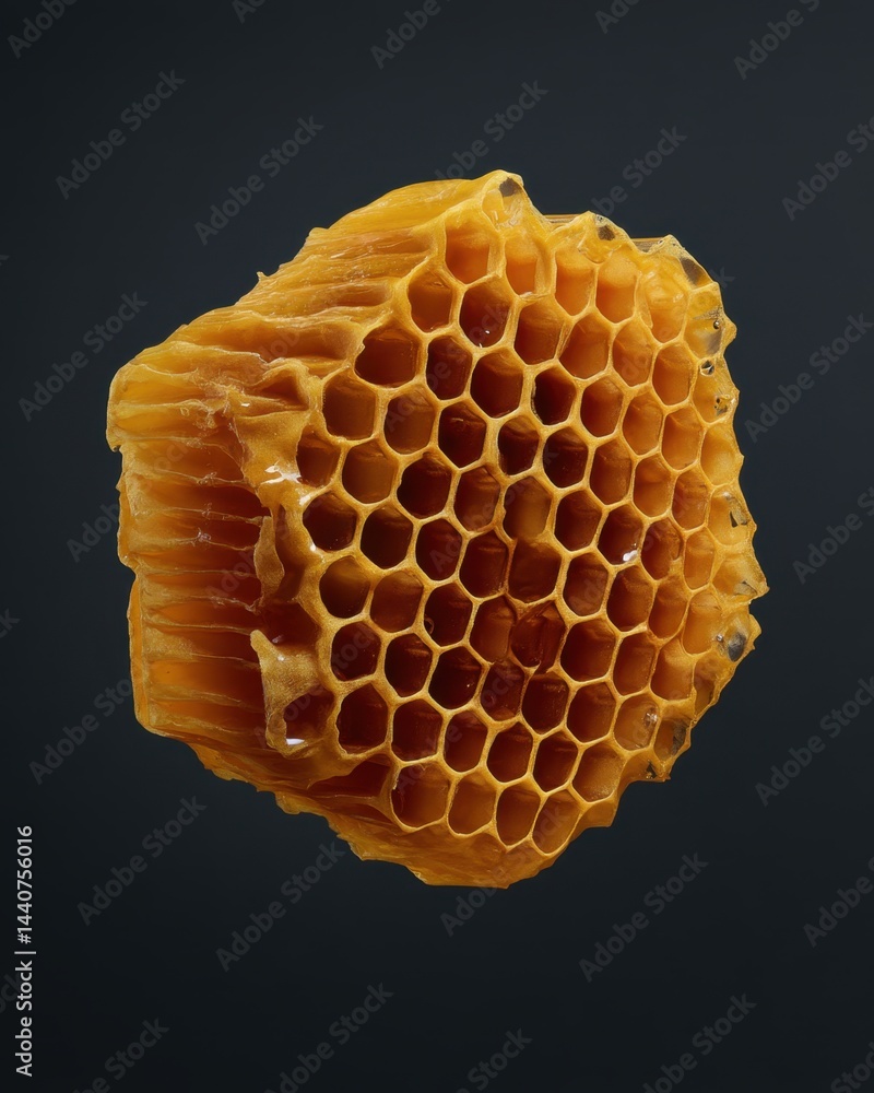 Poster golden honeycomb fragment against dark background showcasing natural hexagonal cells and honey textu