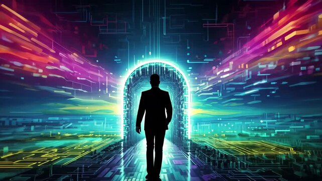 Vibrant depiction of data encryption and decryption illustrating a digital landscape with a glowing keyhole entrance surrounded by colorful data streams