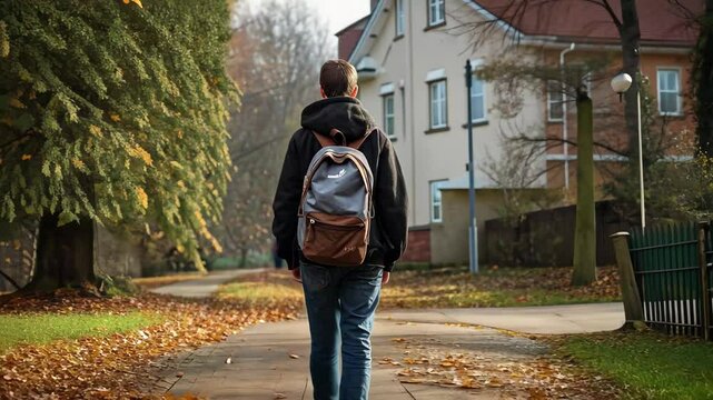 A high school teenager walks to school on a crisp autumn morning with a backpack, surrounded by fallen leaves, while colorful trees frame the path near residential houses