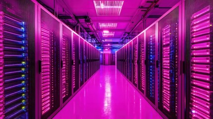 Fototapeta premium Futuristic data center with bright neon pink and purple illuminated server racks, ideal for technology, cloud computing, cybersecurity, digital storage, and network infrastructure visuals