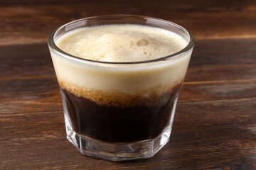 Close up shot of a layered coffee drink in a clear glass on a wooden table with rich dark tones and a creamy texture perfect for coffee lovers
