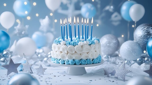A delicious two-layered birthday cake decorated with blue and white frosting, adorned with lit candles and surrounded by festive balloons and stars. Perfect for celebrations!