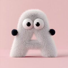 
Cute plush toy in the shape of the letter "A", lying on its side, with black arms and legs, big eyes, and a cryying expression. The toy is made of light gray fluffy material and is set against a simp