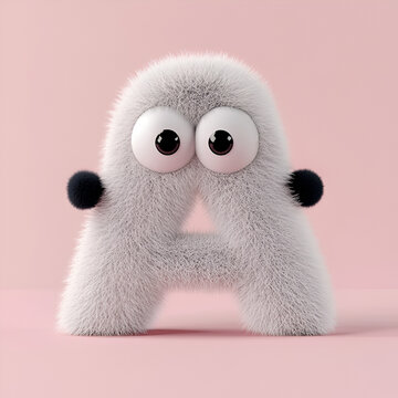 
Cute plush toy in the shape of the letter "A", lying on its side, with black arms and legs, big eyes, and a cryying expression. The toy is made of light gray fluffy material and is set against a simp