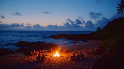 Friends gather around a bonfire on a secluded beach at twilight. The ocean waves gently lap the shore under a partly cloudy sky. A peaceful and serene scene.