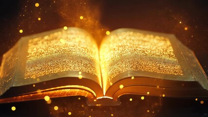 Glowing ancient book emits mysterious sparks in enchanting sequence
