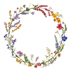 Fototapeta premium Colorful wildflowers wreath, white background, nature, floral design, invitation card