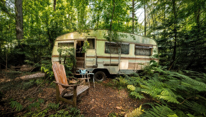 Old rundown abandoned trailer home in a forest