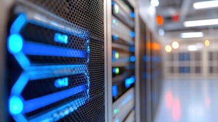 Server racks in a modern data center.  Close-up of illuminated components