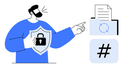 Man holding a shield with lock, pointing at document and metadata tag icons. Ideal for data security, privacy, encryption, file sharing, analytics, cloud storage, simple landing page