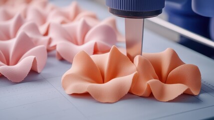 Artificial flower making Concept, Detailed Shot of Synthetic Fabric Being Cut into Beautiful Shapes on a Cutting Table