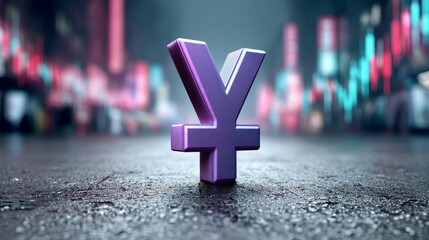 Purple yen symbol on reflective surface with blurred city lights in background