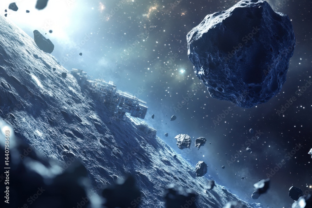 Poster exploring the asteroid mining colony in outer space with advanced technologies and machinery, astero