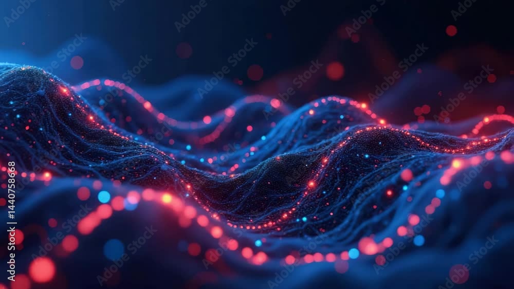 Poster a mesmerizing abstract image of flowing waves illuminated by vibrant red and blue particles, evoking