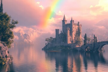 Naklejka premium Magnificent castle overlooking a serene lake with a stunning rainbow backdrop, Castle palace view with background lake, rainbow, beautiful fantasy Photo