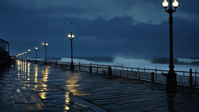 Stormy evening on reflective pier with rolling waves