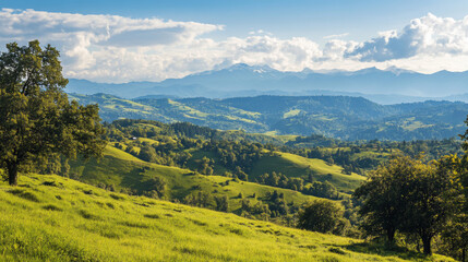 Naklejka premium Lush green hills, rolling mountains, and a vibrant sky