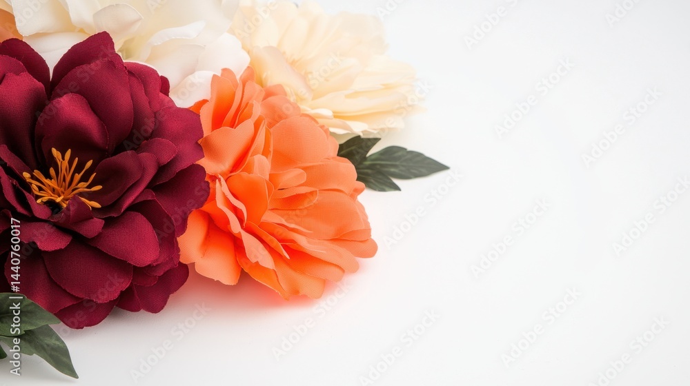Poster artificial flower making concept, detailed view of different artificial flowers with vibrant colors 