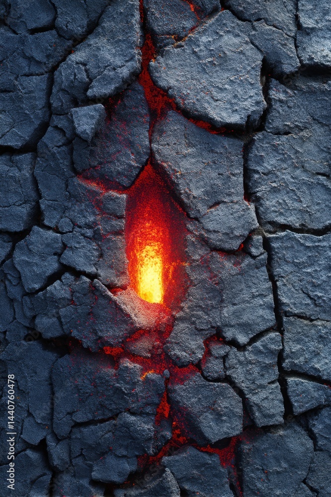 Poster captivating close up of molten lava flowing through dark volcanic rock formation creating a striking